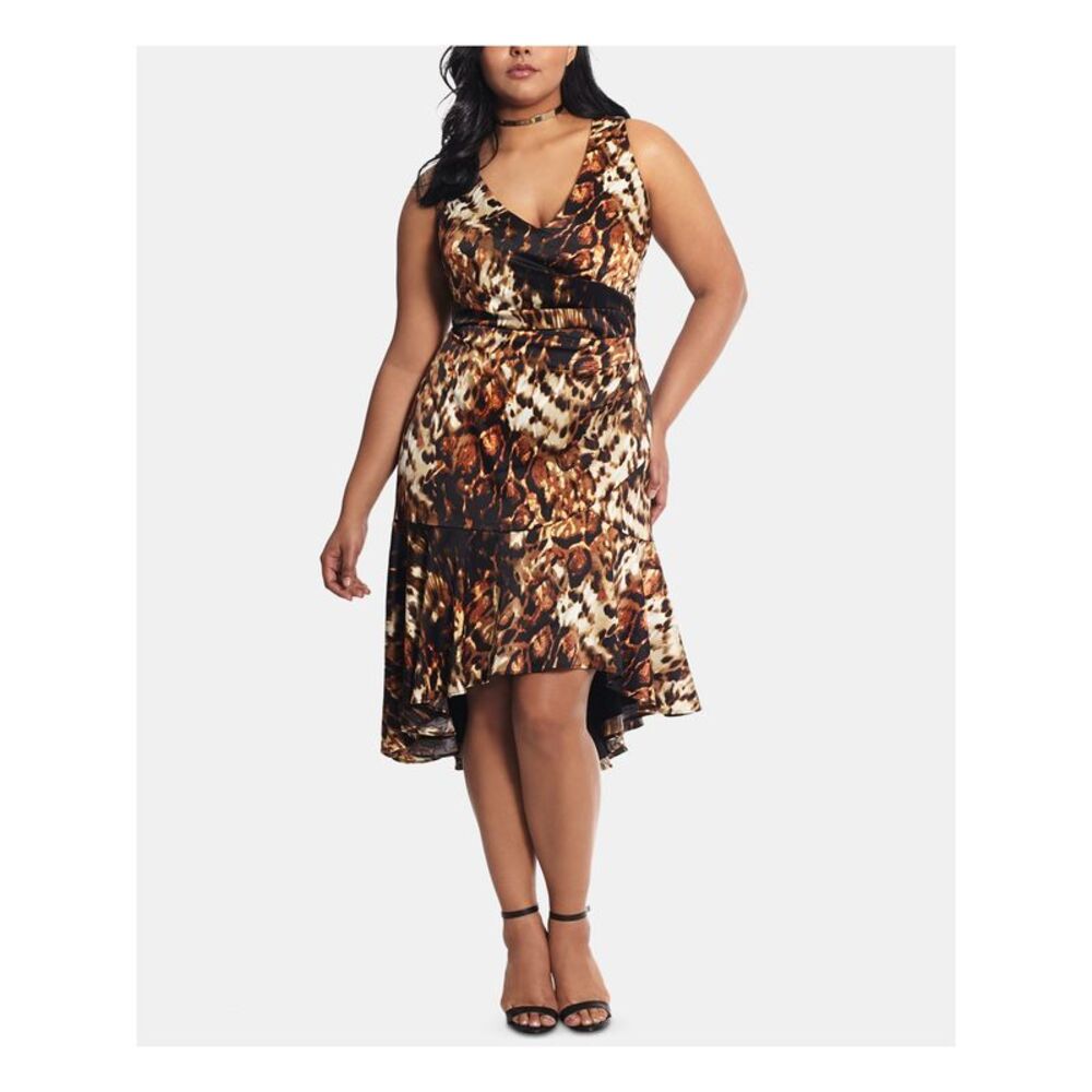 XSCAPE Womens Ruffled Sleeveless V Neck Midi Cocktail Sheath Dress
